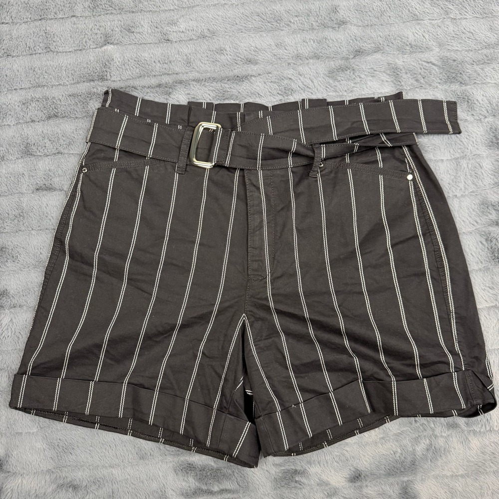 White House Black Market The 5" Short Black Pinstripe Belted Paperbag Waist 4